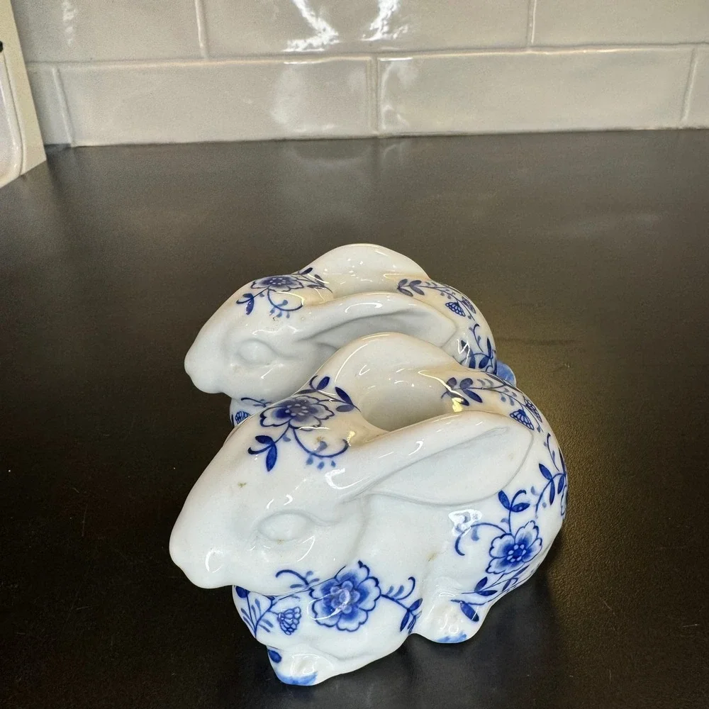 Porcelain Rabbit Candle Holder Set Blue White Floral Chinoiserie Bunnies